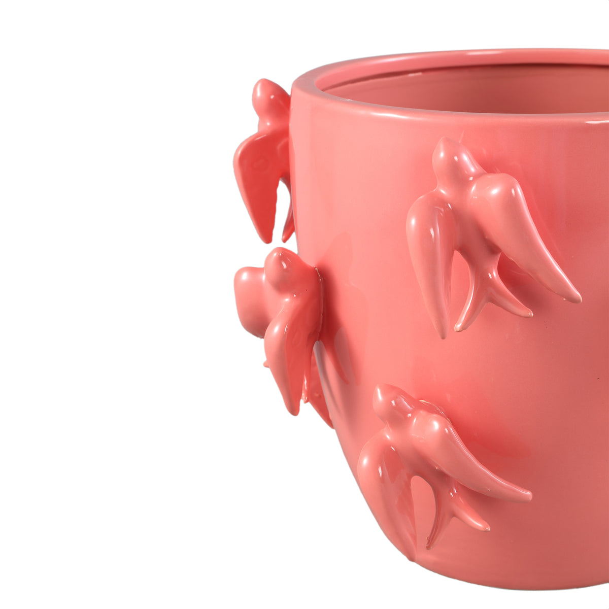 Pot – Bird Motif Design, Round Shape, Pink Color, Ceramic Material, L – EmmeLyn | PTMD