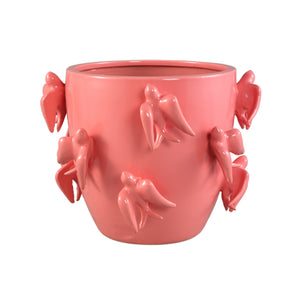 Pot – Bird Motif Design, Round Shape, Pink Color, Ceramic Material, L – EmmeLyn | PTMD