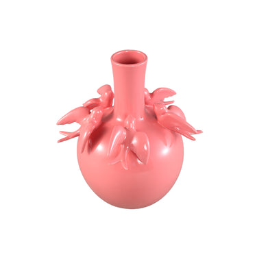 Vase – Bäuchige Form, Rosa Farbe, Vogelmotiv Design, Keramikmaterial, L – EmmeLyn | PTMD