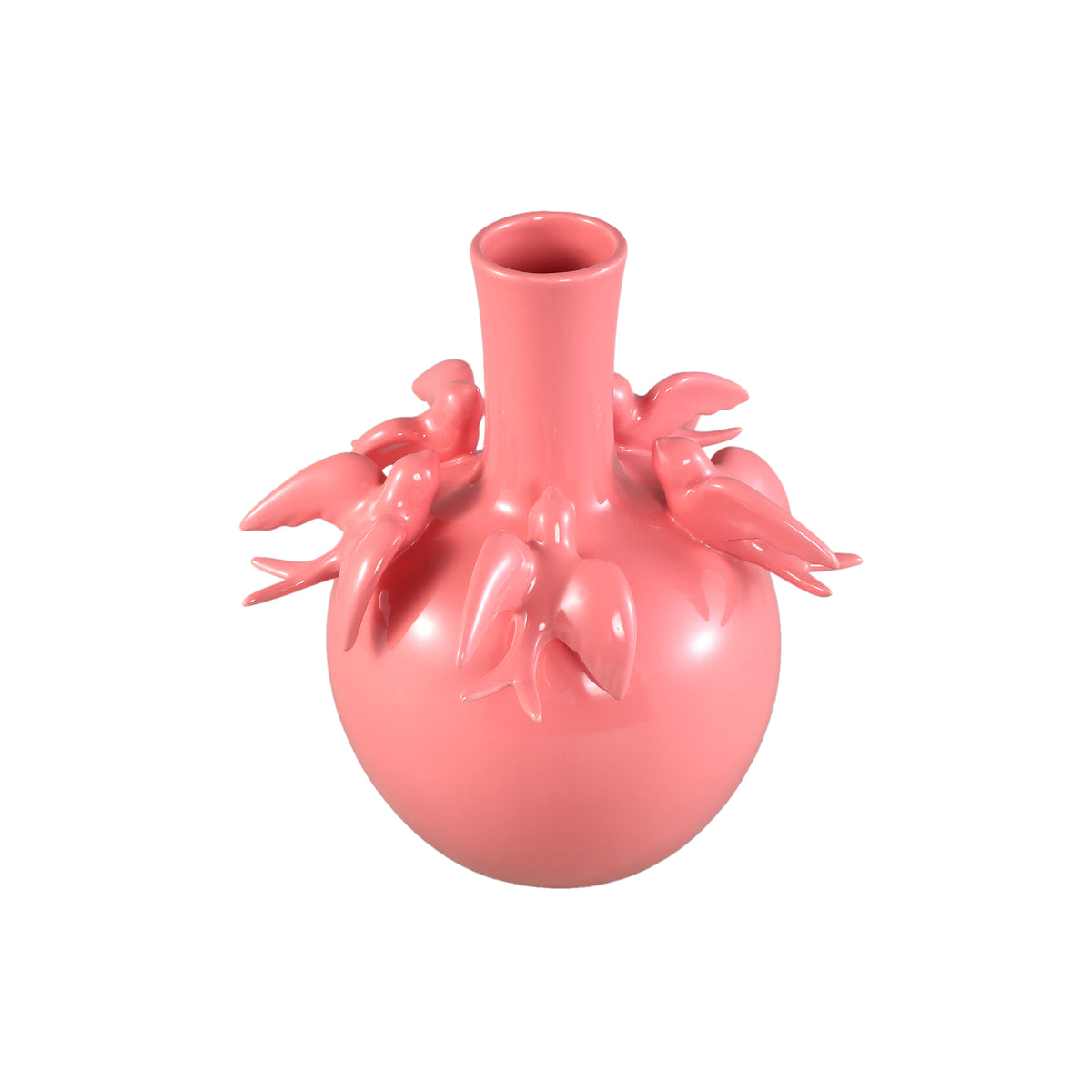 Vase – Bulbous Shape, Pink Color, Bird Motif Design, Ceramic Material, L – EmmeLyn | PTMD
