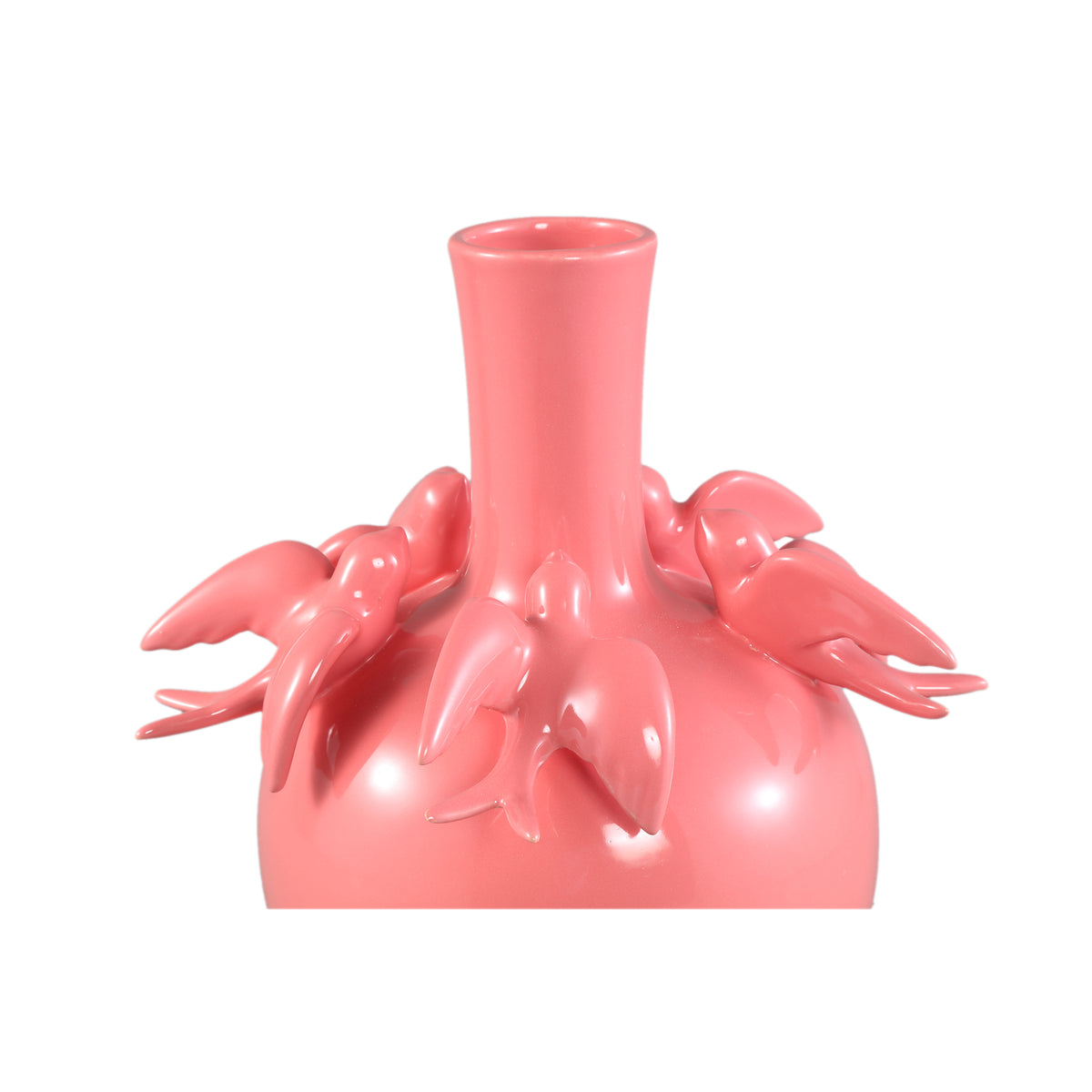 Vase – Bulbous Shape, Pink Color, Bird Motif Design, Ceramic Material, L – EmmeLyn | PTMD