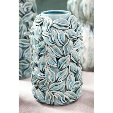 Pot – Blue color, Round shape, Glazed surface, Leaf motif, Ceramic, S – Zubeda | PTMD