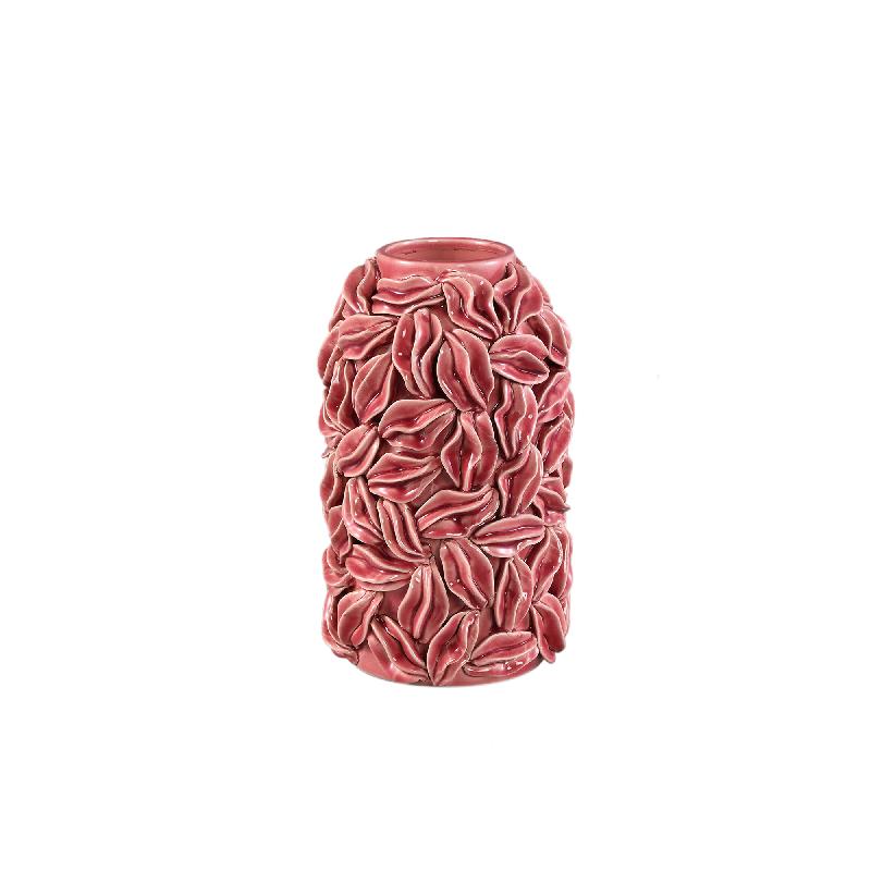 Pot - Pink color, Round shape, Glazed surface, Leaf motif, Ceramic, S - Zubeda | PTMD