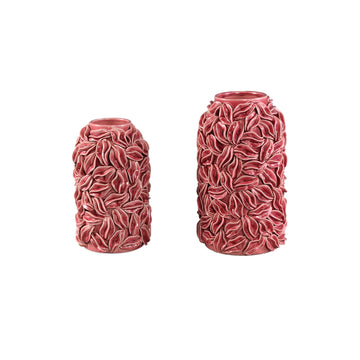 Pot – Pink Color, Round Shape, Glazed Surface, Leaf Motif, Ceramic, L – Zubeda | PTMD