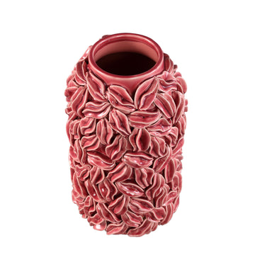 Pot – Pink Color, Round Shape, Glazed Surface, Leaf Motif, Ceramic, L – Zubeda | PTMD