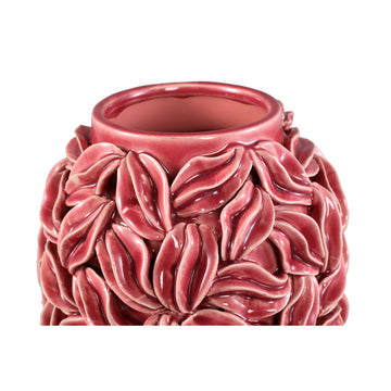 Pot – Pink Color, Round Shape, Glazed Surface, Leaf Motif, Ceramic, L – Zubeda | PTMD