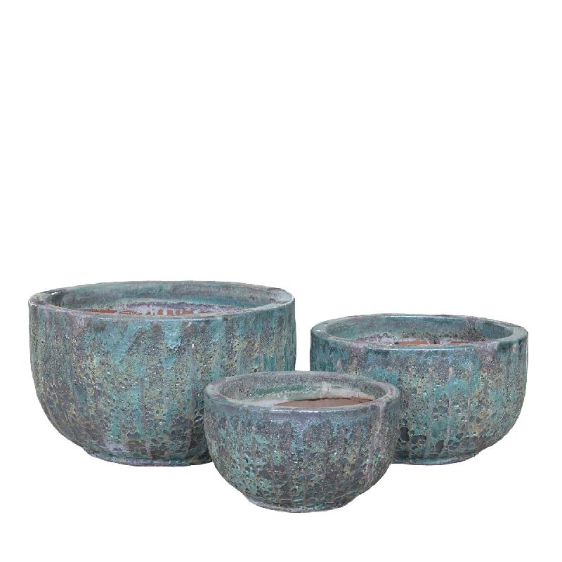 Pot – green surface, linear texture, round shape, ceramic – Siantelle | PTMD