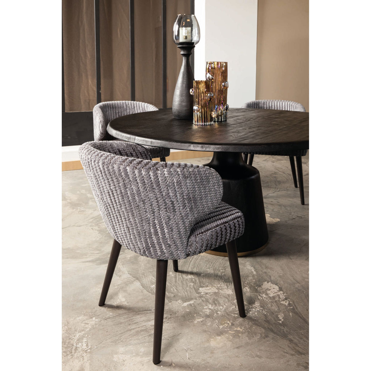Dining Chair – Daisy Fabric Upholstery, Taupe Finish, Dark Brown Wooden Legs – Fiori | PTMD
