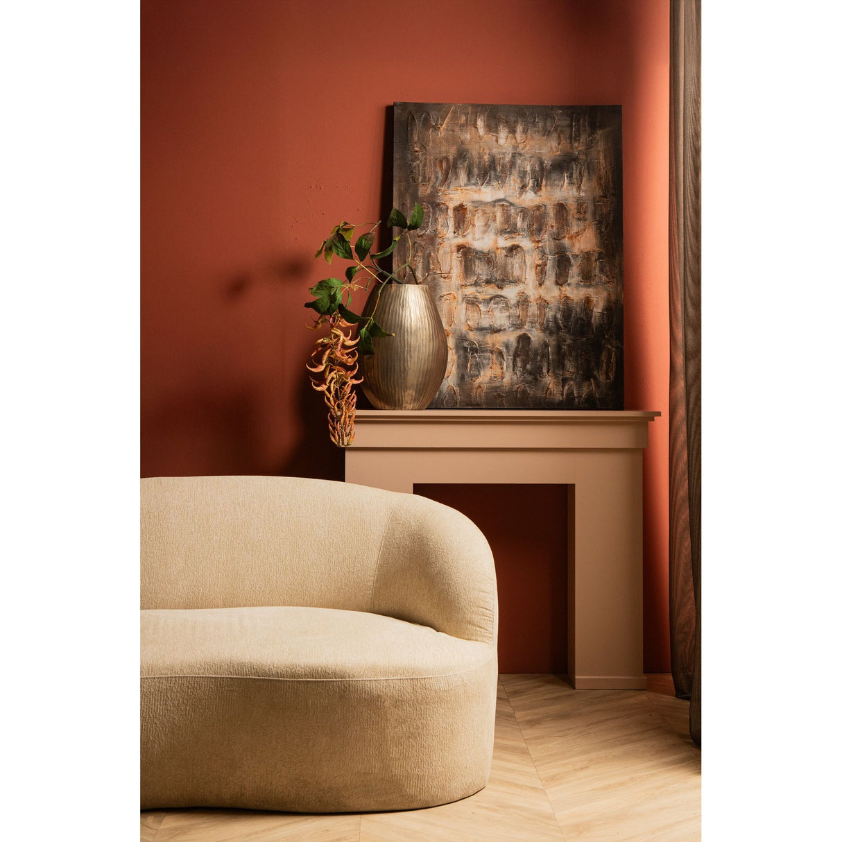 Polyester canvas wall panel with wooden frame, rough texture and dark brown finish - Xihan | PTMD