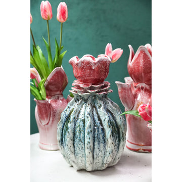 Vase - Flower Shape Design, Ceramic Material, Petrol Color, S - Tegain | PTMD
