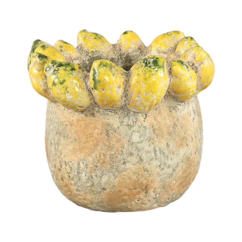 Pot - Lemon Rim Design, Round Shape, Yellow Color, Terracotta Ceramic, L - Fruitsy | PTMD