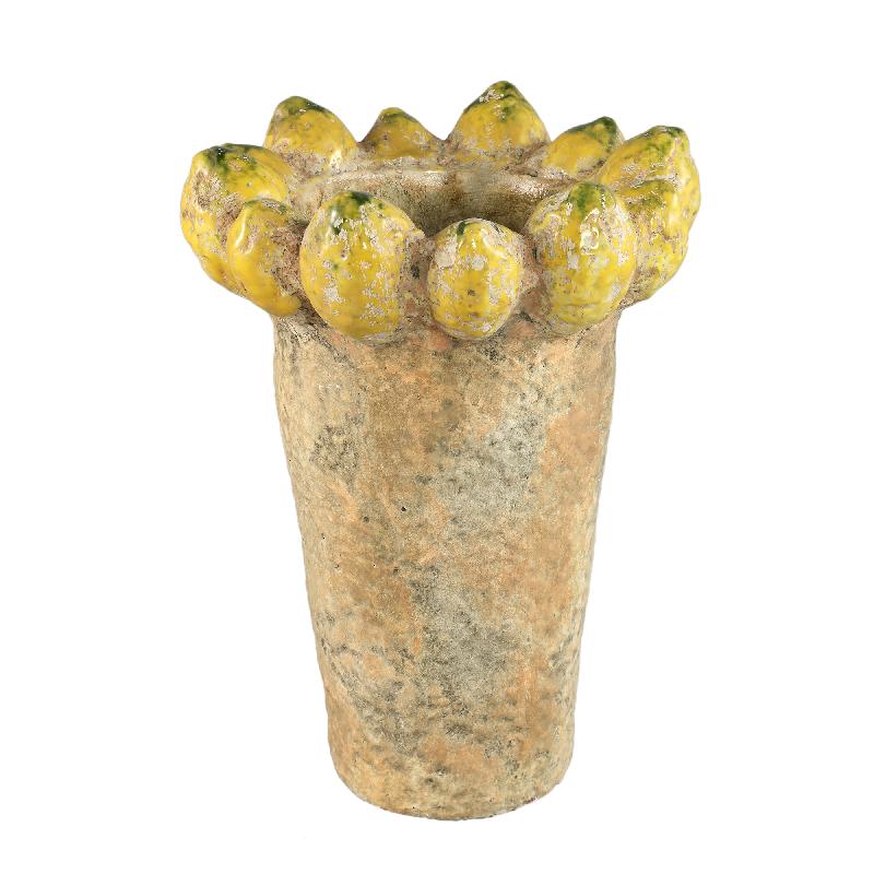 Pot - Lemon Rim Design, Round Shape, Yellow Color, Terracotta Ceramic, Tall, L - Fruitsy | PTMD