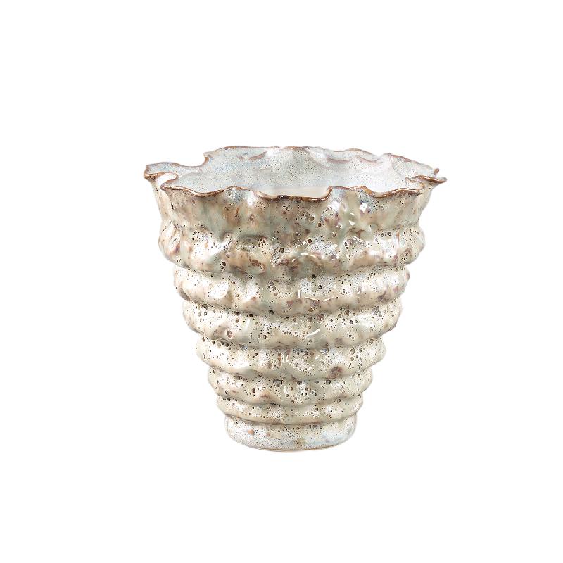 Pot - Irregular Shape, Ribbed Surface, Cream Color, Ceramic Material, M - Nianh | PTMD