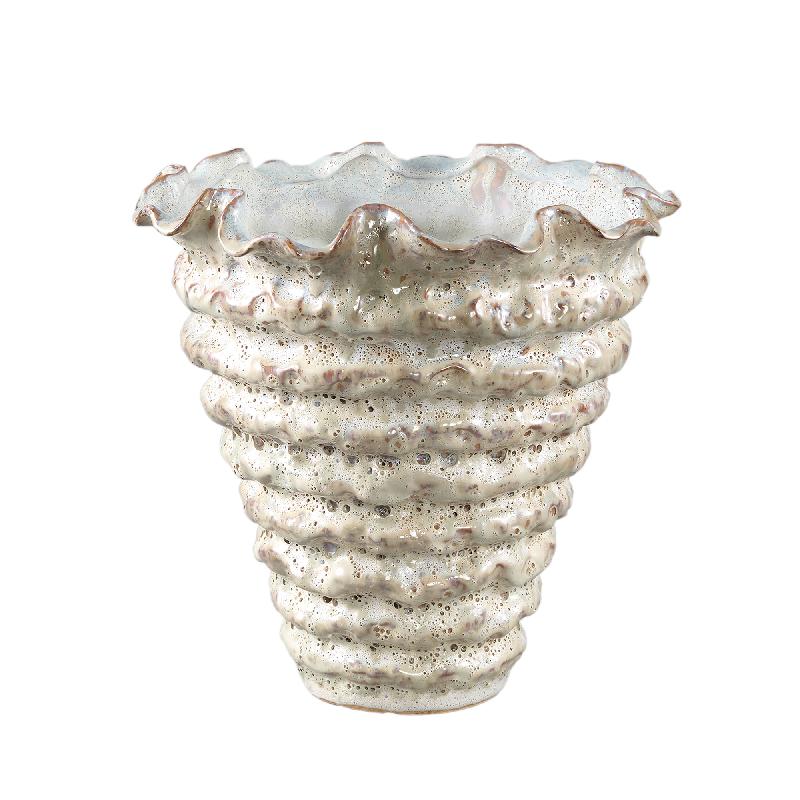 Pot – Irregular Shape, Ribbed Surface, Cream Color, Ceramic Material, XL – Nianh | PTMD
