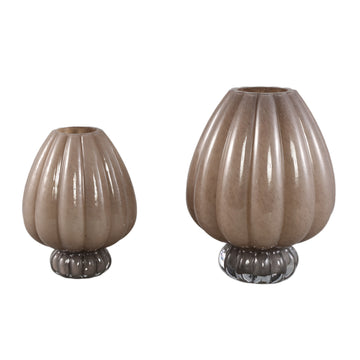 Vase – Gerippte Struktur, Milchglas Material, Braun, Mit Fuß, L – Syamer | PTMD