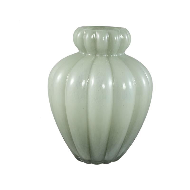 Vase – Gerippte Struktur, Milchglas Material, Grün, Kleiner Rand, L – Syamer | PTMD
