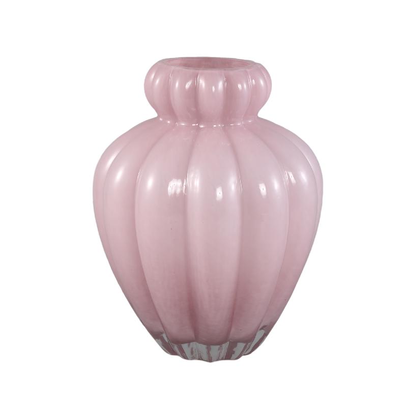 Glass Vase – Frosted Glass Look, Pink Hue, Ribbed Structure, Small Rim, L – Syamer | PTMD