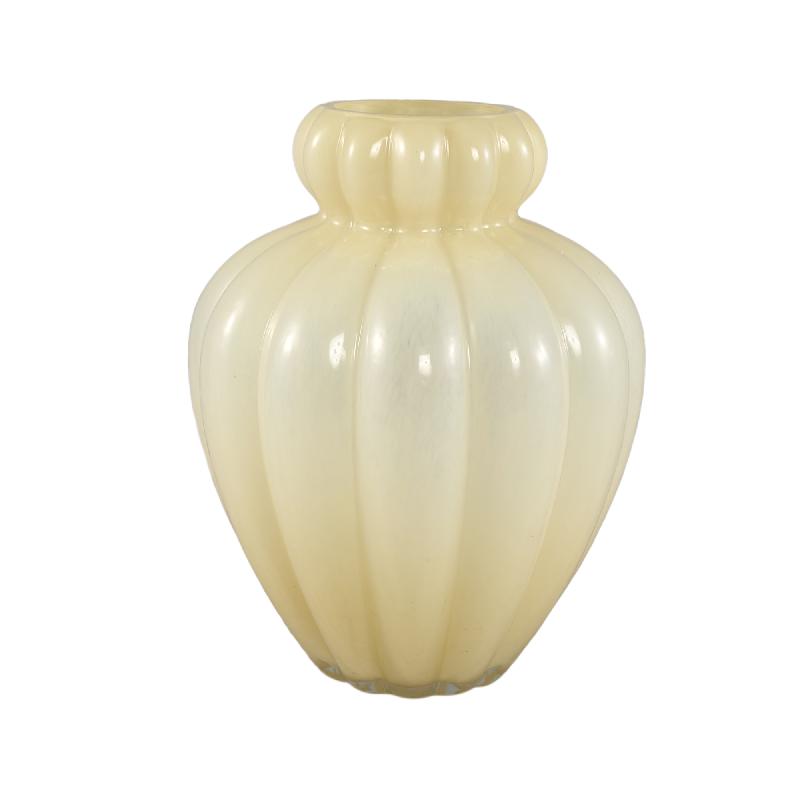 Glass Vase - Frosted Glass Look, Cream Color, Ribbed Texture, Small Rim, L - Syamer | PTMD