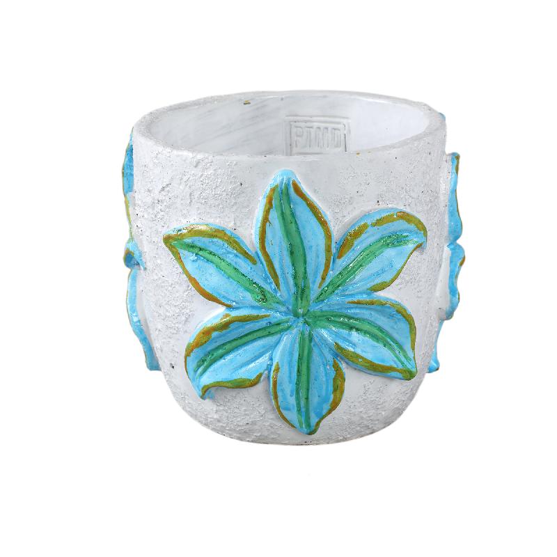 Blumentopf – Runde Form, Zement Material, Blumen Muster, Blaue Oberfläche, M – Blomme | PTMD