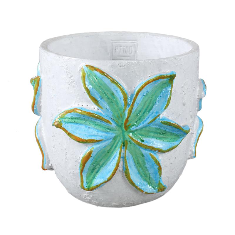 Blumentopf – Runde Form, Zement Material, Blumen Muster, Blaue Oberfläche, L – Blomme | PTMD