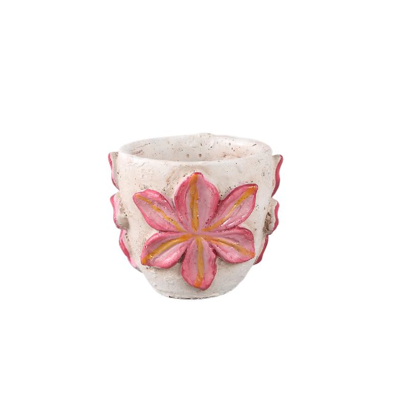 Blumentopf – Runde Form, Zement Material, Blumen Muster, Rosa Oberfläche, XS – Blomme | PTMD