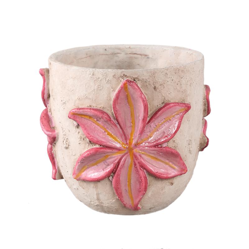Blumentopf – Runde Form, Zement Material, Blumen Muster, Rosa Oberfläche, L – Blomme | PTMD
