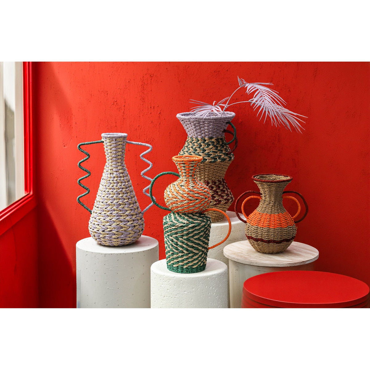 Basket - Green Paper, Natural Look, Round Shape, With Handles - Veraa | PTMD