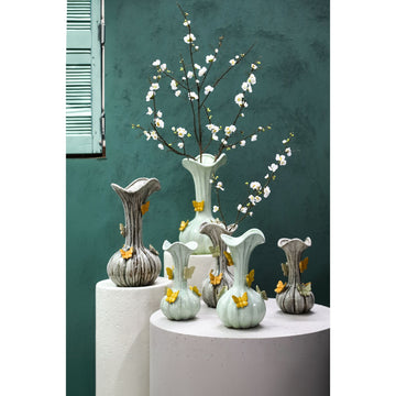 Vase - Ceramic Material, Flowing Design, Butterfly Detail, Cream Color, L - Tamarae | PTMD
