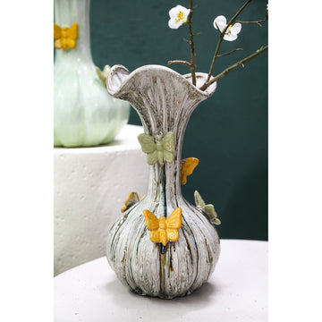 Vase - Ceramic Material, Flowing Design, Butterfly Detail, Cream Color, L - Tamarae | PTMD