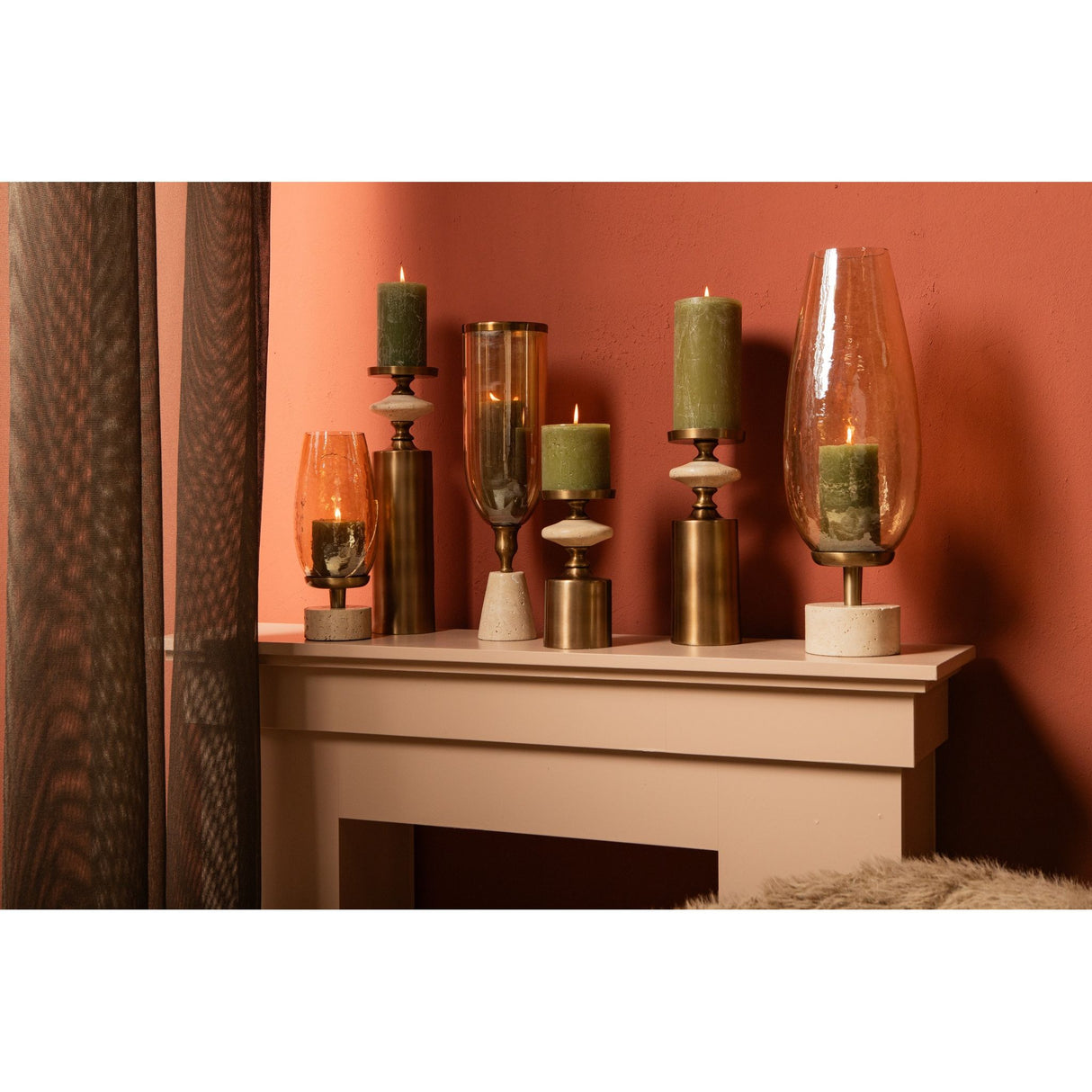 Candlestick - Brass-look Finish, Travertine Base, Round Design, S - Nikolaos | PTMD