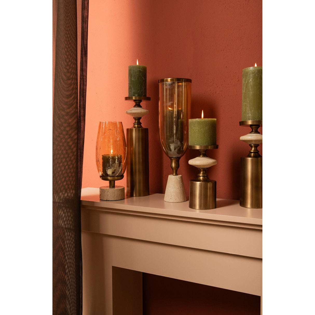 Candlestick - Brass-look Finish, Travertine Base, Round Design, S - Nikolaos | PTMD