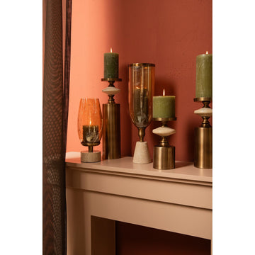 Lantern - Brass-look Frame, Glass Cylinder Attachment, Travertine Base, S - Tadh | PTMD