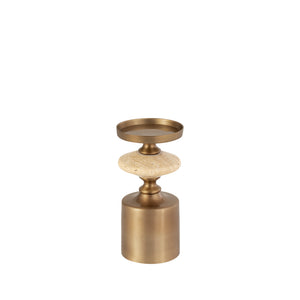 Candlestick - Brass-look Finish, Travertine Base, Round Design, S - Nikolaos | PTMD