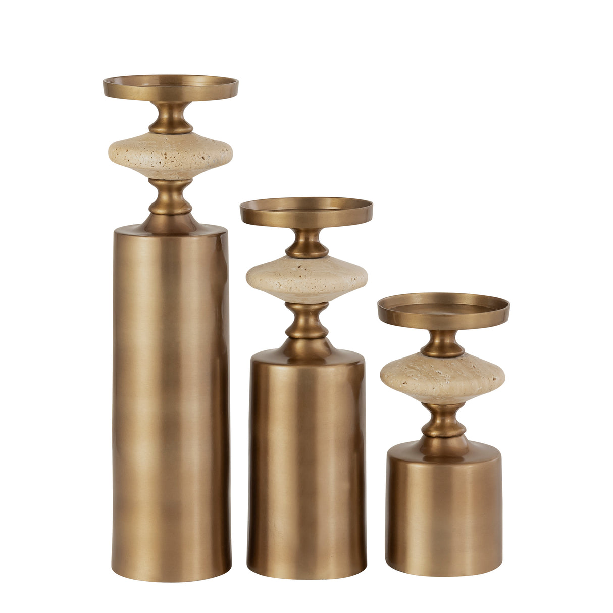 Candlestick - Brass-look Finish, Travertine Base, Round Design, S - Nikolaos | PTMD