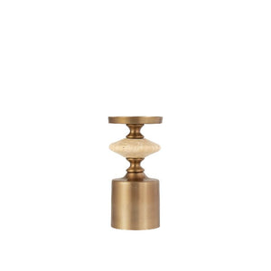 Candlestick - Brass-look Finish, Travertine Base, Round Design, S - Nikolaos | PTMD