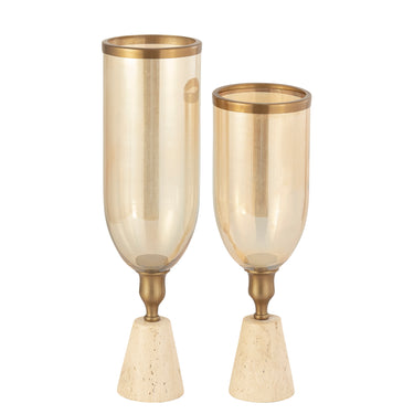 Hurricane Lamp – Brass-look Frame, Glass Cylinder Top, Travertine Stone Base, L – Tadh | PTMD