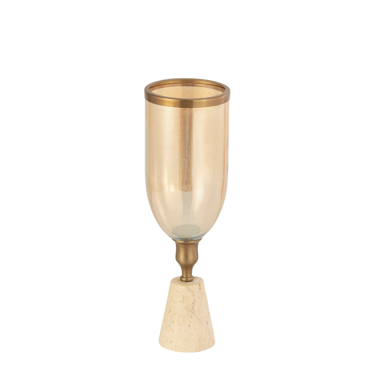 Lantern - Brass-look Frame, Glass Cylinder Attachment, Travertine Base, S - Tadh | PTMD