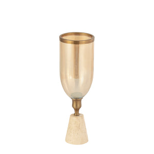 Lantern - Brass-look Frame, Glass Cylinder Attachment, Travertine Base, S - Tadh | PTMD