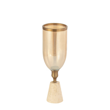 Lantern - Brass-look Frame, Glass Cylinder Attachment, Travertine Base, S - Tadh | PTMD