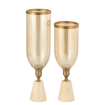 Lantern - Brass-look Frame, Glass Cylinder Attachment, Travertine Base, S - Tadh | PTMD
