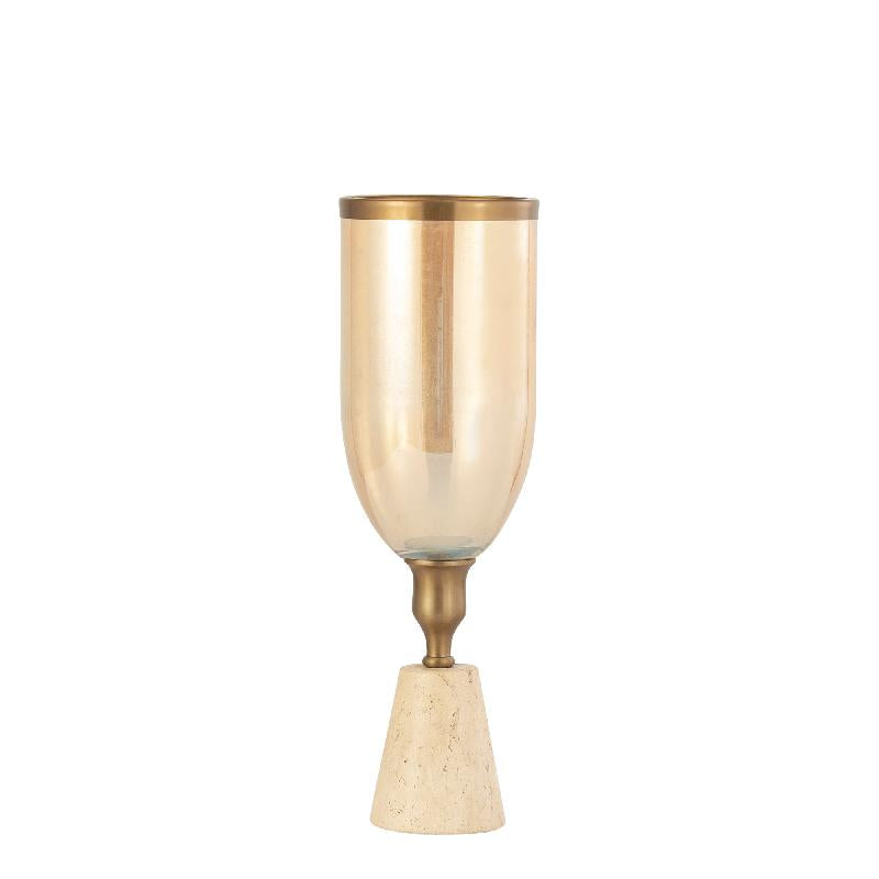 Lantern - Brass-look Frame, Glass Cylinder Attachment, Travertine Base, S - Tadh | PTMD