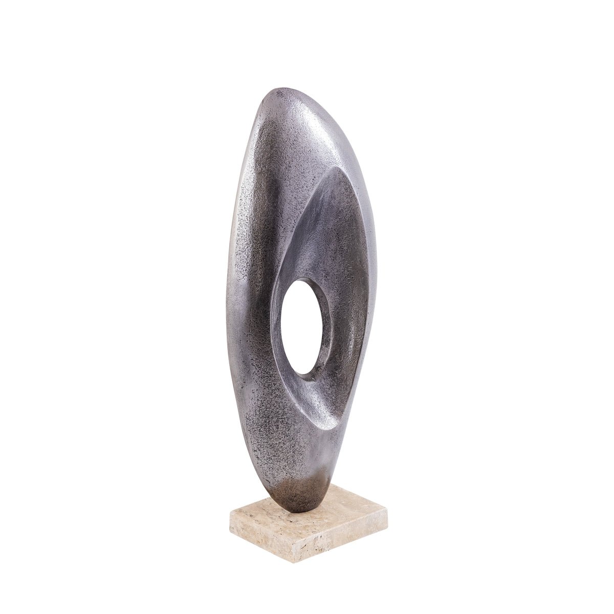 Statue - cast aluminum, silver-colored nickel look, travertine marble base, L - Kellaine | PTMD