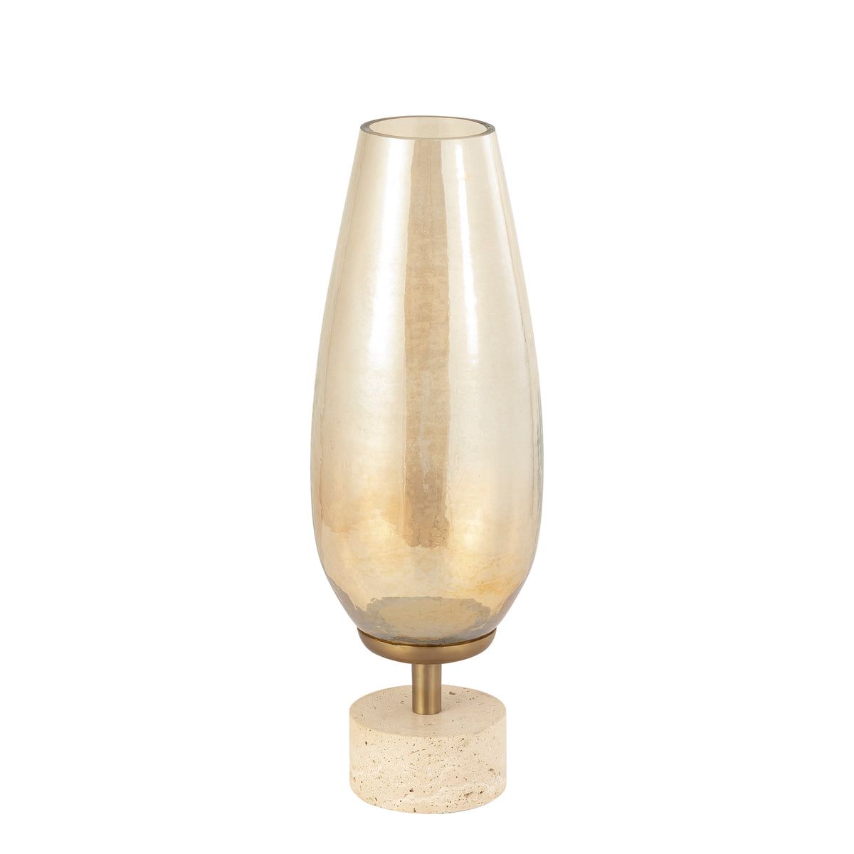 Hurricane Lamp – Gold-colored Frame, Lustre Glass Top, Travertine Stone Base, L – Sajeth | PTMD