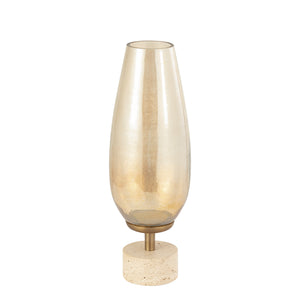 Hurricane Lamp – Gold-colored Frame, Lustre Glass Top, Travertine Stone Base, L – Sajeth | PTMD