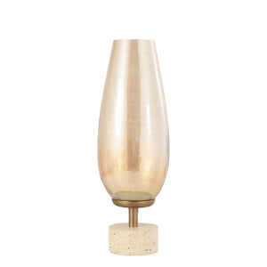 Hurricane Lamp – Gold-colored Frame, Lustre Glass Top, Travertine Stone Base, L – Sajeth | PTMD