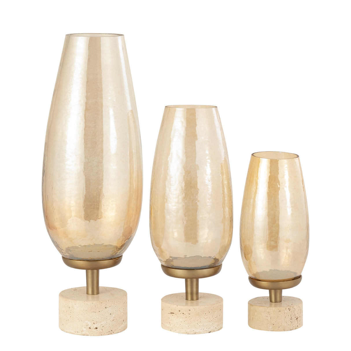 Hurricane Lantern – Gold-colored Frame, Luster Glass Attachment, Travertine Base, S – Sajeth | PTMD