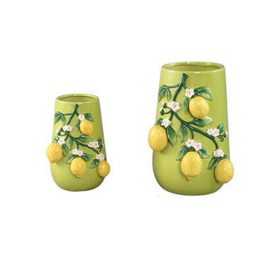 Vase – Grüne Farbe, Zitronenmotiv, Zweigdesign, Keramik, S – Stacy | PTMD