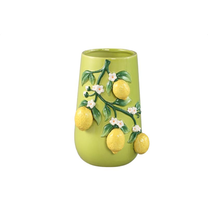 Vase – Green, Lemon Motif, Branch Design, Ceramic, L – Stacy | PTMD
