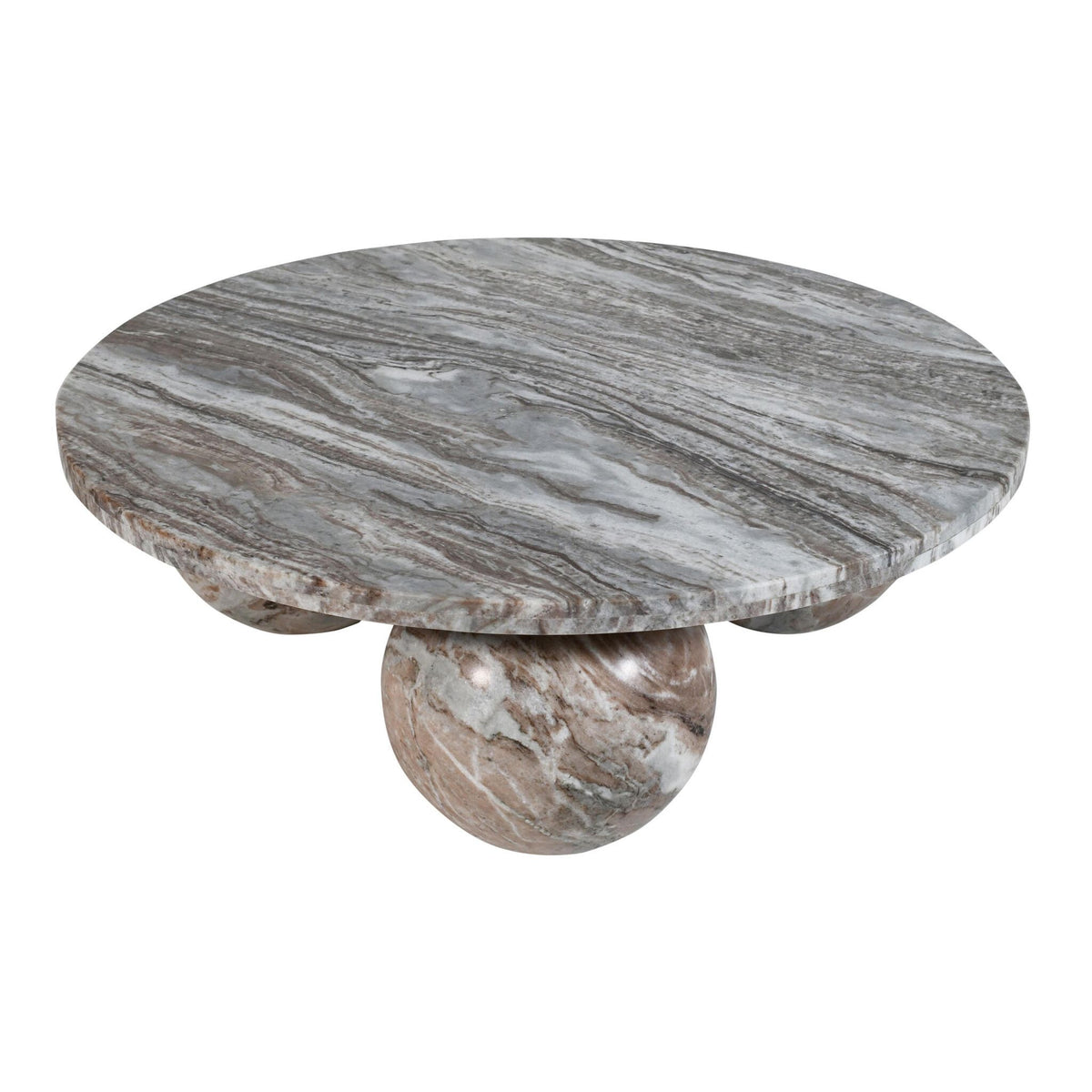 Coffee table – Marble, round, beige/natural, 3-sphere base, sculptural design – Diro | PTMD