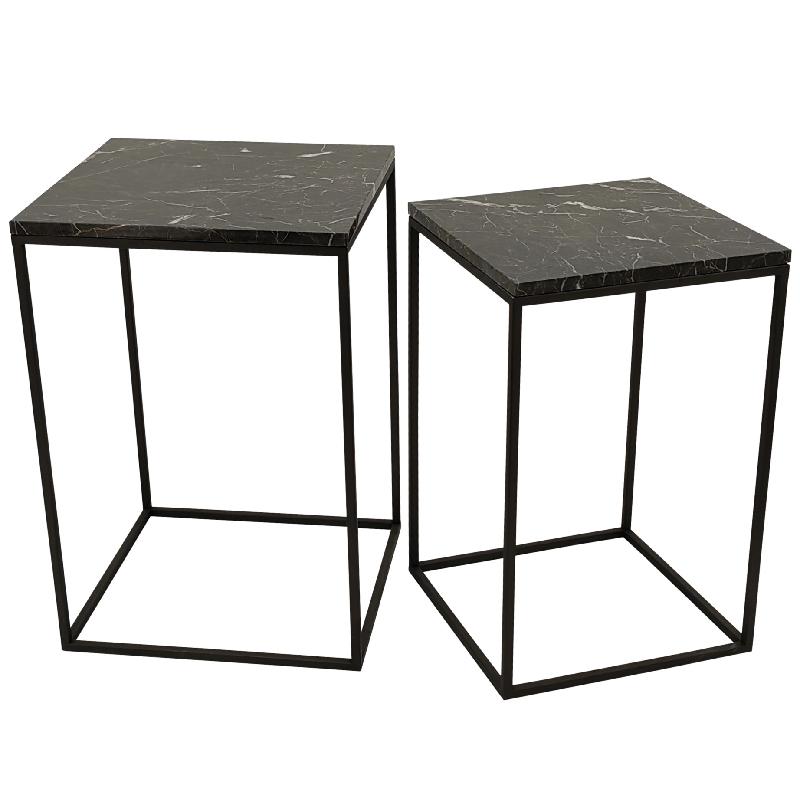Side Table Set (2-Piece) – Brown Marble, Round, Natural Stone Look, Heavy Design – Volos | PTMD